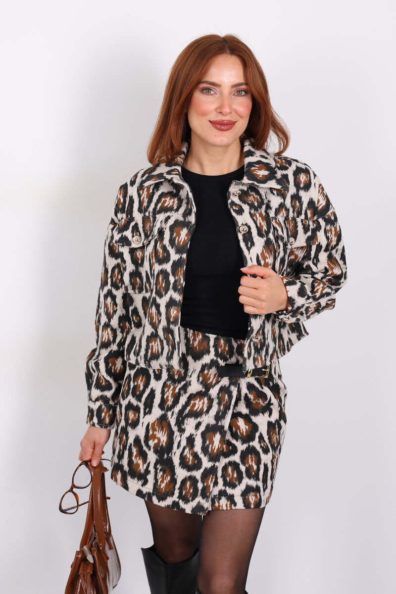 Leopar Desen Ceket - Etek Kadın Takım - 7