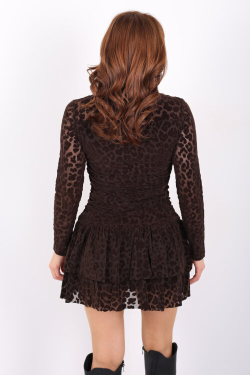 Leopar Desen Eteği Fırfırlı Kadın Acı Kahve Mini Elbise - 5