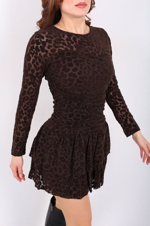 Leopar Desen Eteği Fırfırlı Kadın Acı Kahve Mini Elbise - Berox (1)