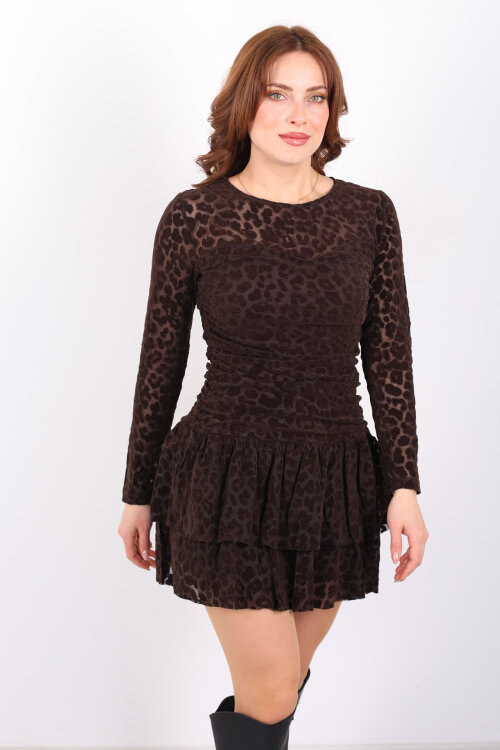 Leopar Desen Eteği Fırfırlı Kadın Acı Kahve Mini Elbise - 6
