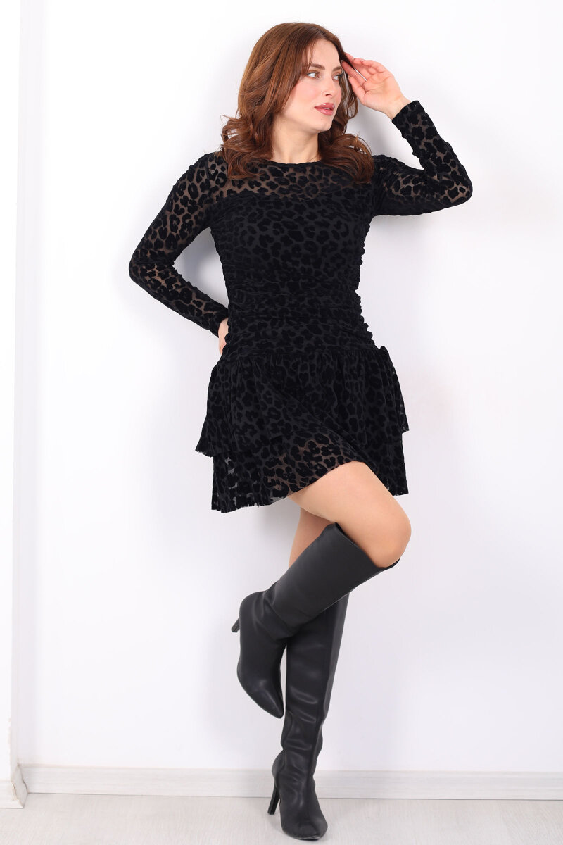 Leopar Desen Eteği Fırfırlı Kadın Siyah Mini Elbise - 5