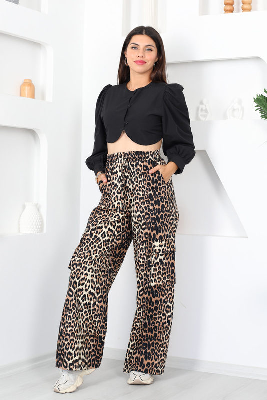 Leopar Desen Kargo Cepli Gabardin Vizon Kadın Pantolon - 1