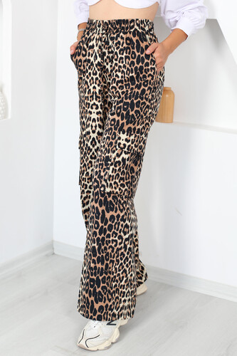 Leopar Desen Kargo Cepli Gabardin Vizon Kadın Pantolon - 3