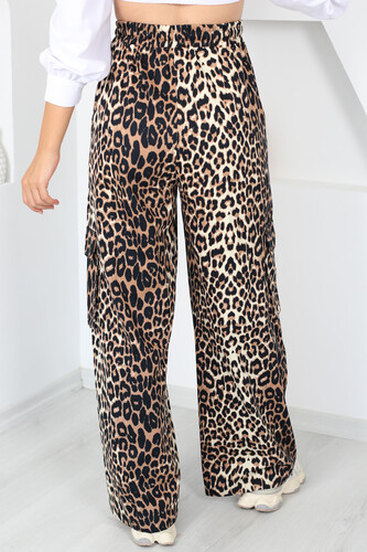 Leopar Desen Kargo Cepli Gabardin Vizon Kadın Pantolon - 4