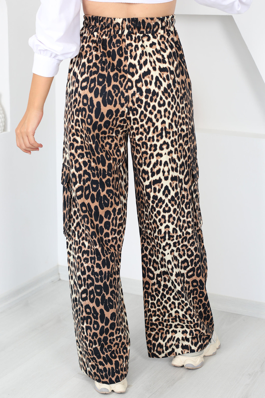 Leopar Desen Kargo Cepli Gabardin Vizon Kadın Pantolon - 4