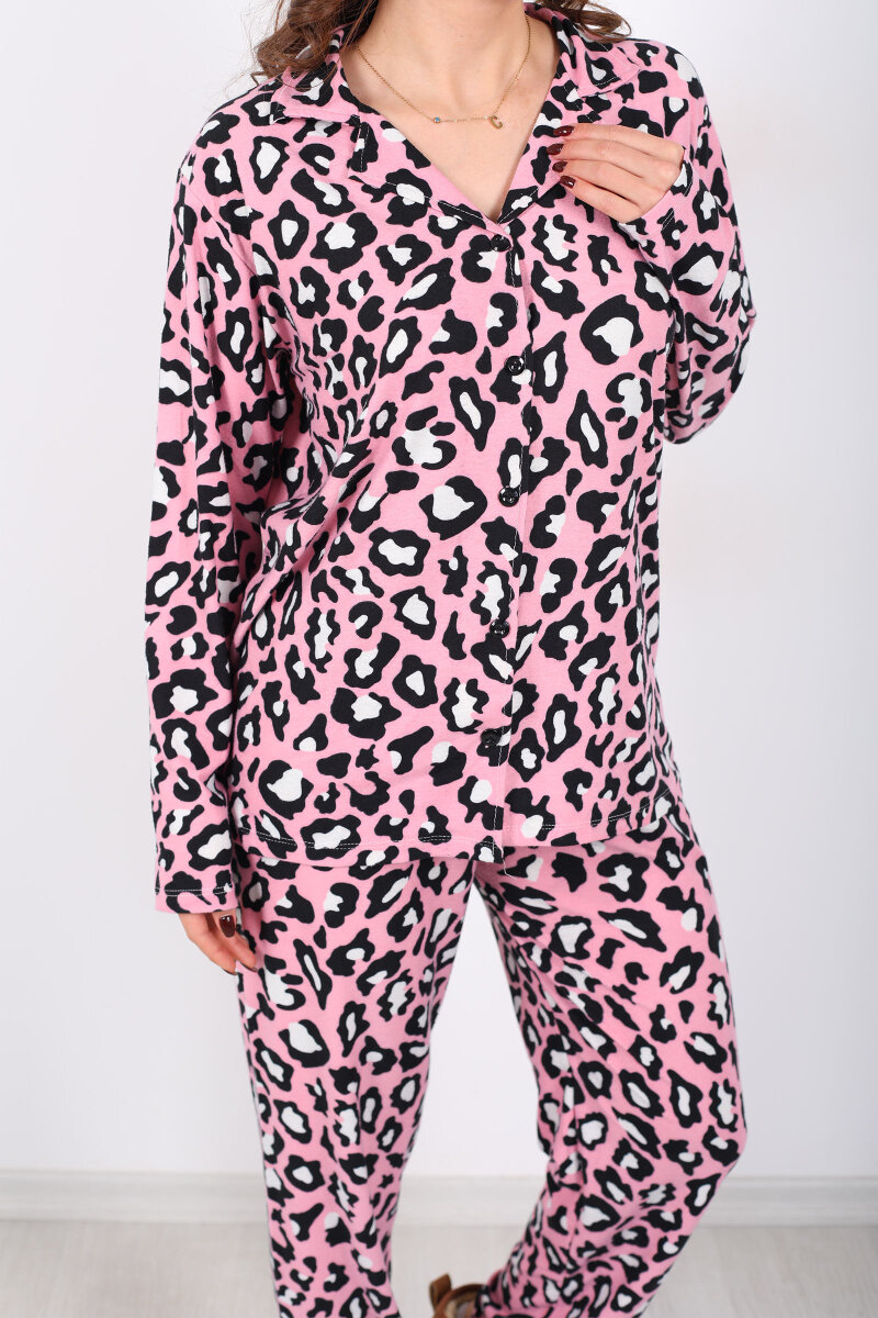 Leopar Desen Pembe Kadın Gömlek Pijama Takım - 2