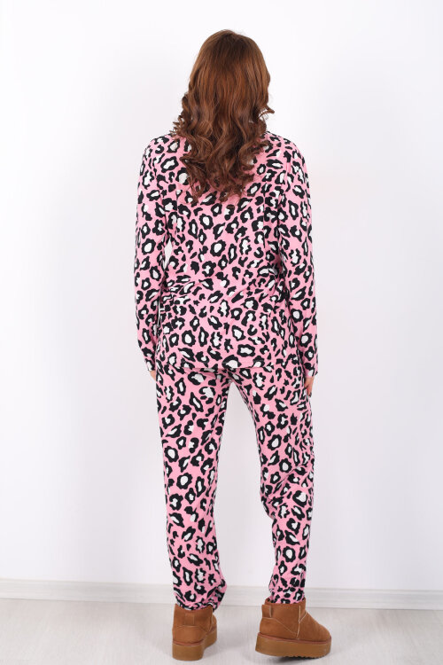 Leopar Desen Pembe Kadın Gömlek Pijama Takım - 5