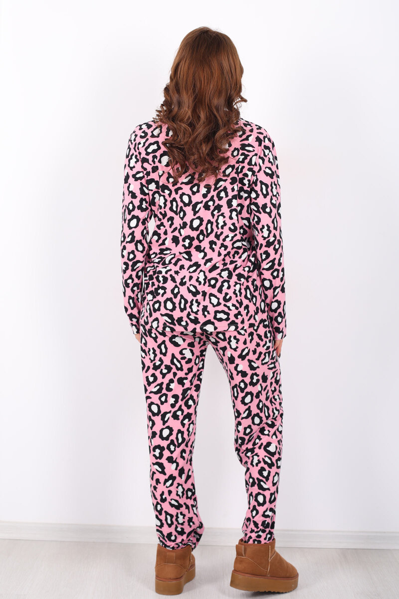 Leopar Desen Pembe Kadın Gömlek Pijama Takım - 5