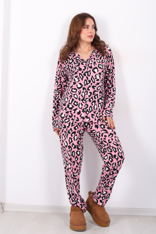 Leopar Desen Pembe Kadın Gömlek Pijama Takım - Berox