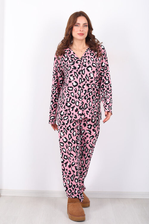 Leopar Desen Pembe Kadın Gömlek Pijama Takım - 4