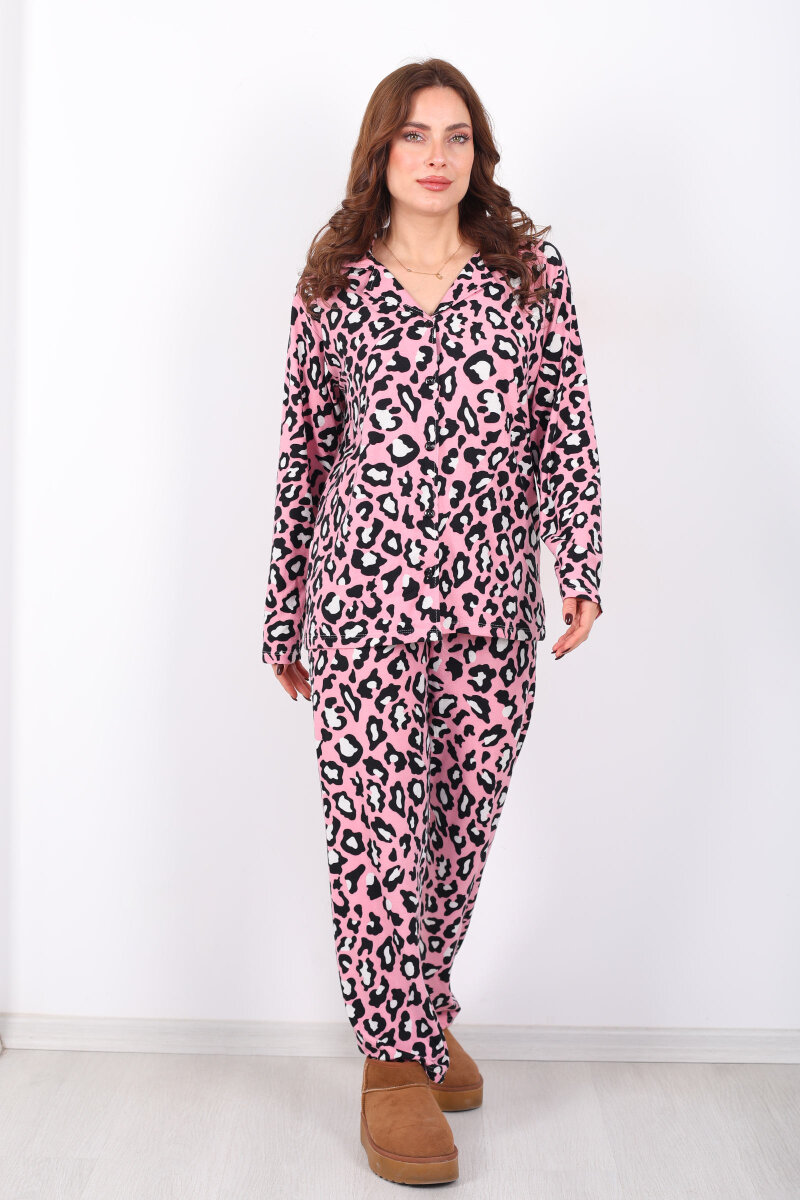 Leopar Desen Pembe Kadın Gömlek Pijama Takım - 4