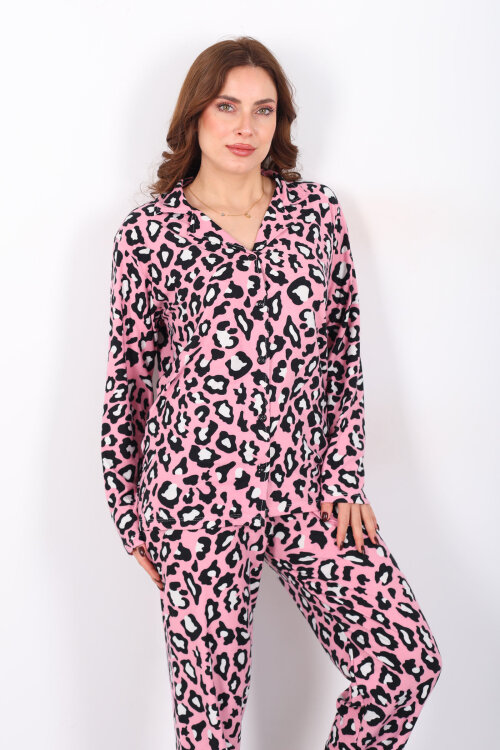 Leopar Desen Pembe Kadın Gömlek Pijama Takım - 3