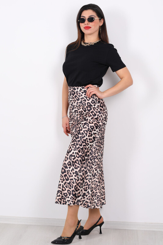 Leopar Desen Saten Vizon Kadın Etek - 1