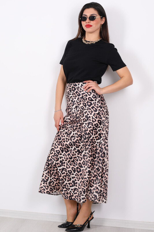 Leopar Desen Saten Vizon Kadın Etek - 4