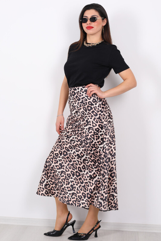 Leopar Desen Saten Vizon Kadın Etek - 5