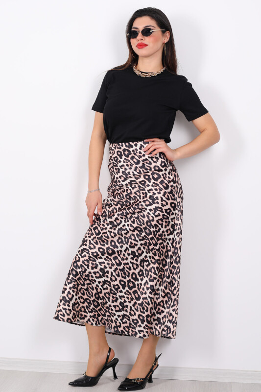 Leopar Desen Saten Vizon Kadın Etek - 3