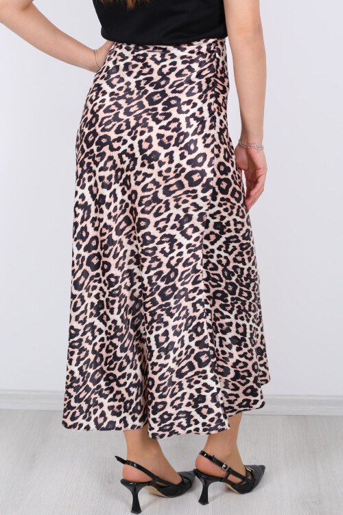 Leopar Desen Saten Vizon Kadın Etek - 6