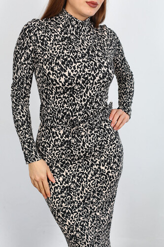 Leopar Desen Siyah Kadın Kemerli Elbise - 3