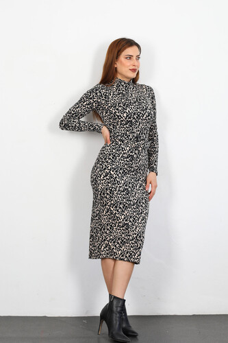 Leopar Desen Siyah Kadın Kemerli Elbise - Berox (1)