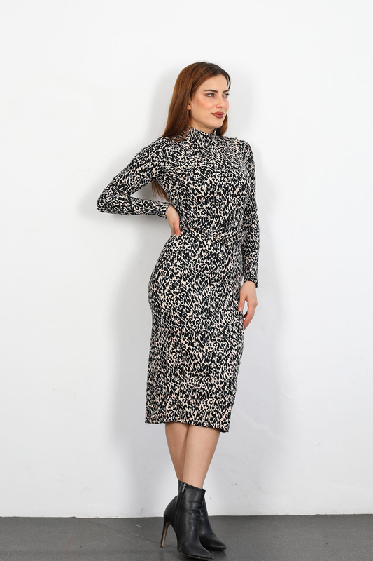 Leopar Desen Siyah Kadın Kemerli Elbise - 2