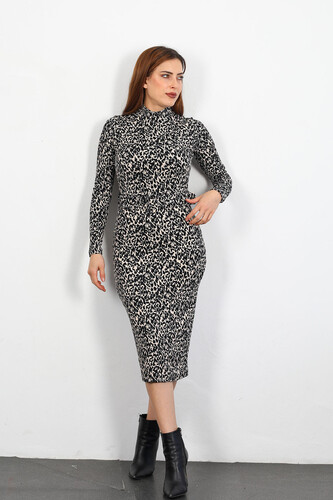 Leopar Desen Siyah Kadın Kemerli Elbise - Berox