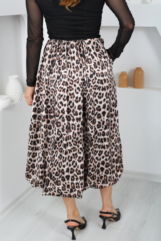Leopar Desen Vizon Kadın Midi Balon Etek - 5