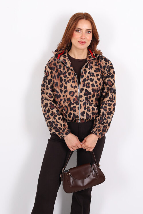 Leopar Desen Yaka Biyeli Leopar Kadın Bomber Ceket - 6