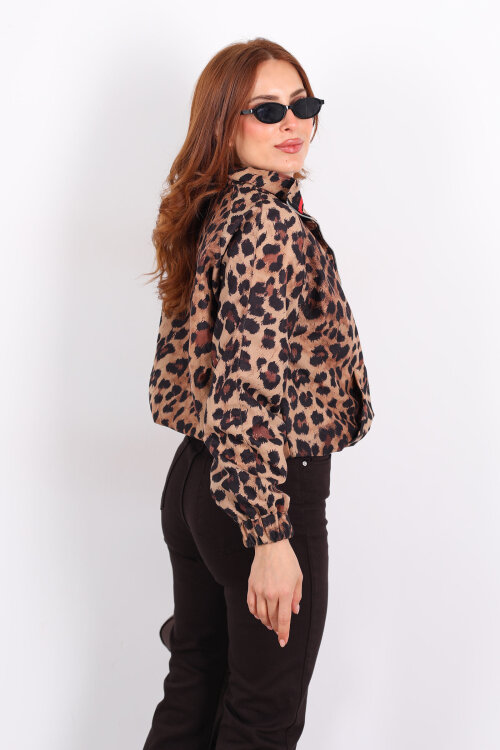 Leopar Desen Yaka Biyeli Leopar Kadın Bomber Ceket - 5