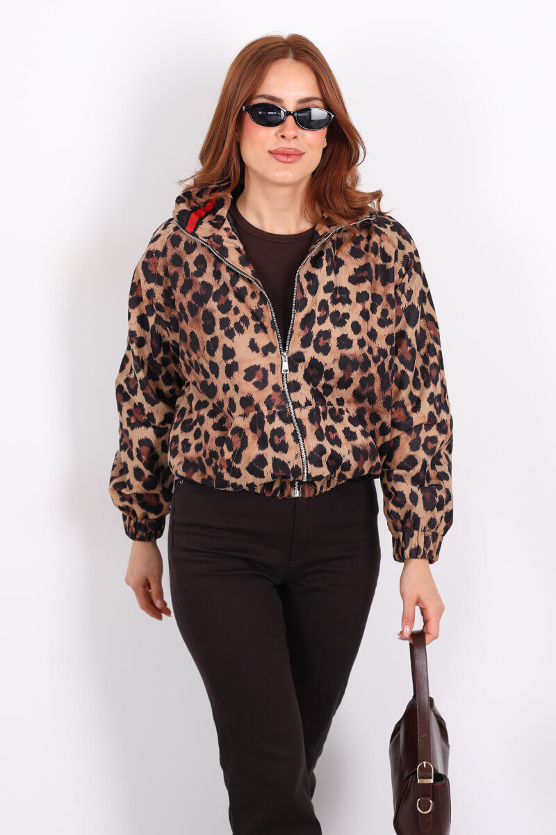 Leopar Desen Yaka Biyeli Leopar Kadın Bomber Ceket - 7