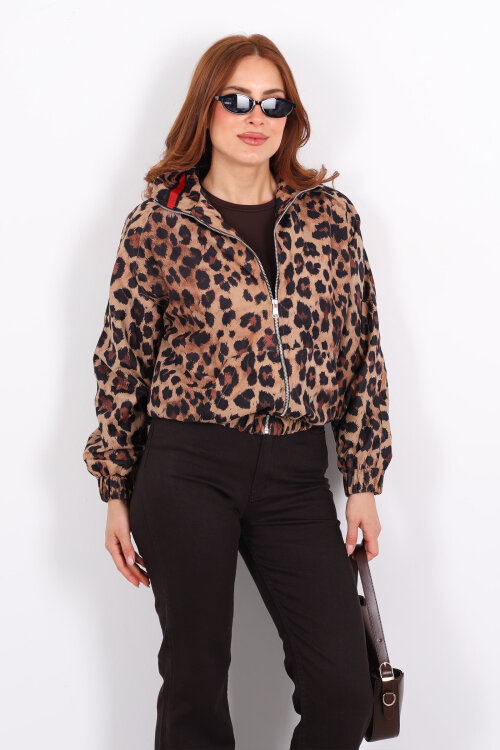 Leopar Desen Yaka Biyeli Leopar Kadın Bomber Ceket - 4