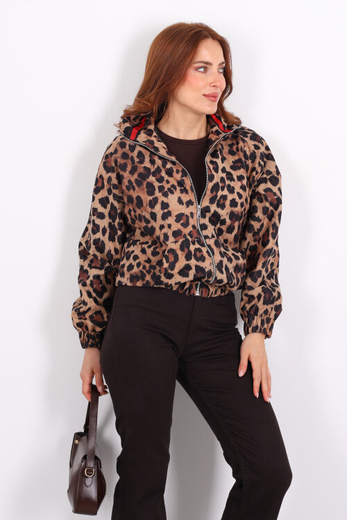 Leopar Desen Yaka Biyeli Leopar Kadın Bomber Ceket - Berox