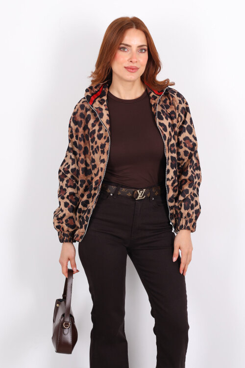 Leopar Desen Yaka Biyeli Leopar Kadın Bomber Ceket - 3