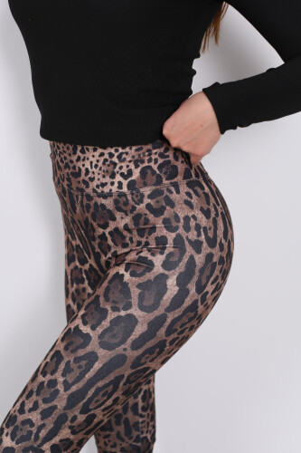 Leopar Desen Yüksek Bel Acı Kahve Kadın Süet Tayt - 5