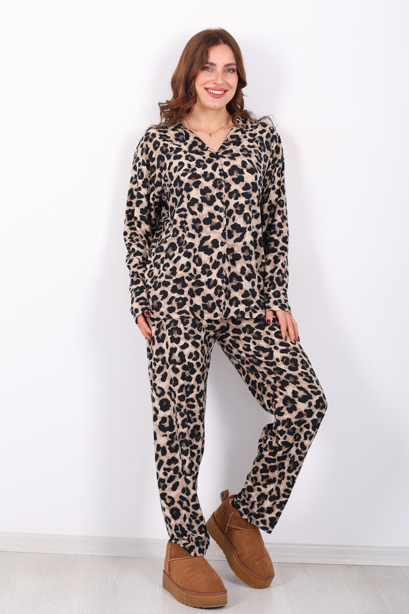 Leopar Desenli Kadın Gömlek Pijama Takım - 4