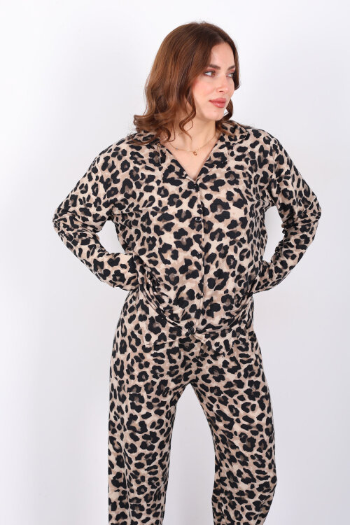 Leopar Desenli Kadın Gömlek Pijama Takım - 5