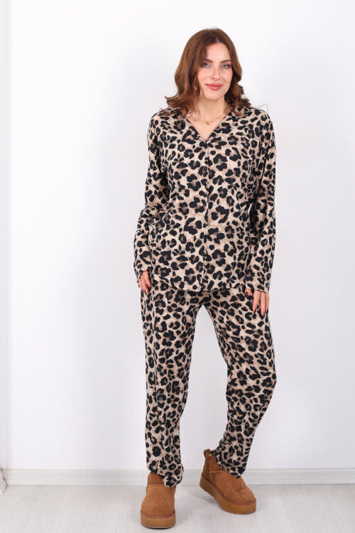 Leopar Desenli Kadın Gömlek Pijama Takım - 7