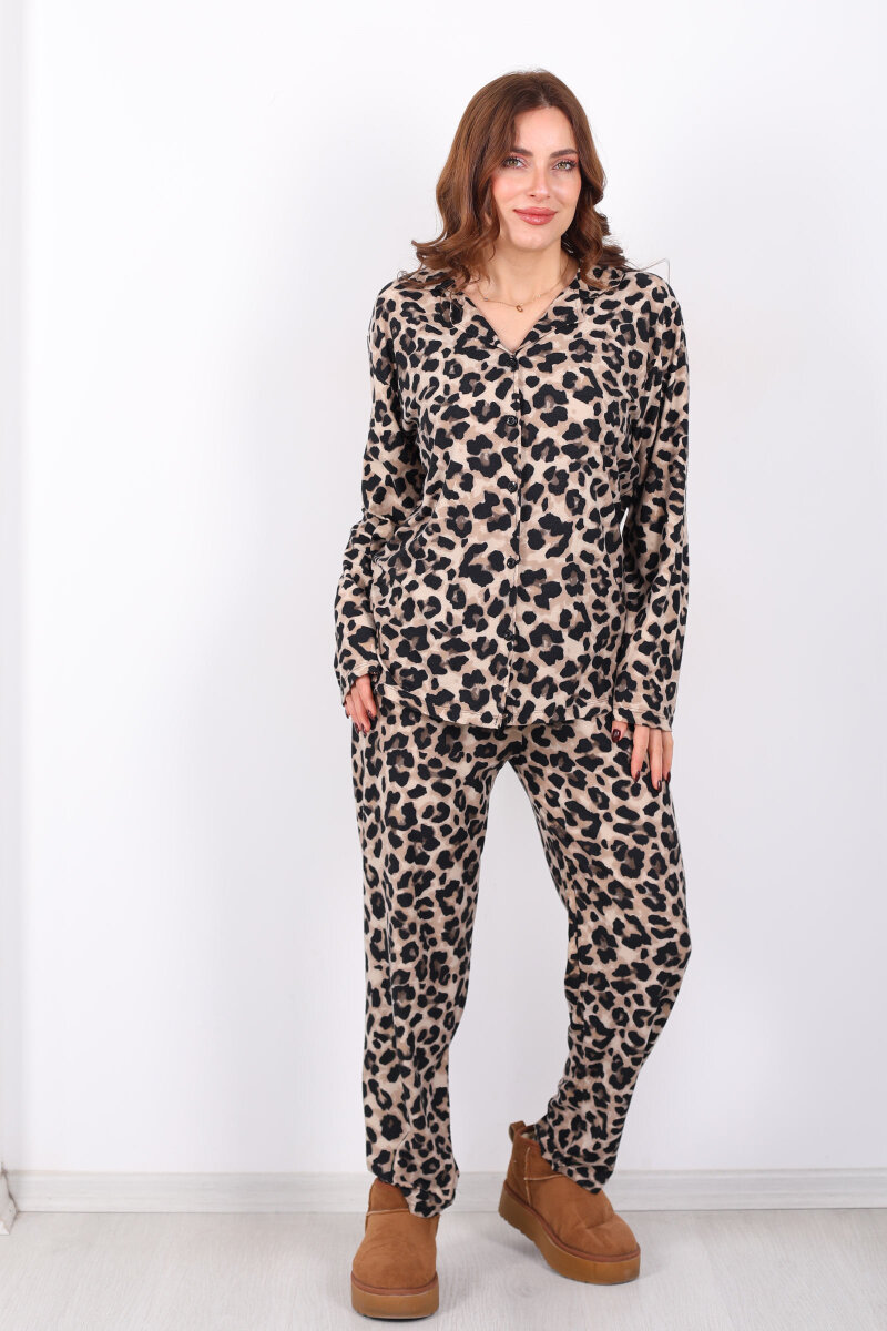 Leopar Desenli Kadın Gömlek Pijama Takım - 7