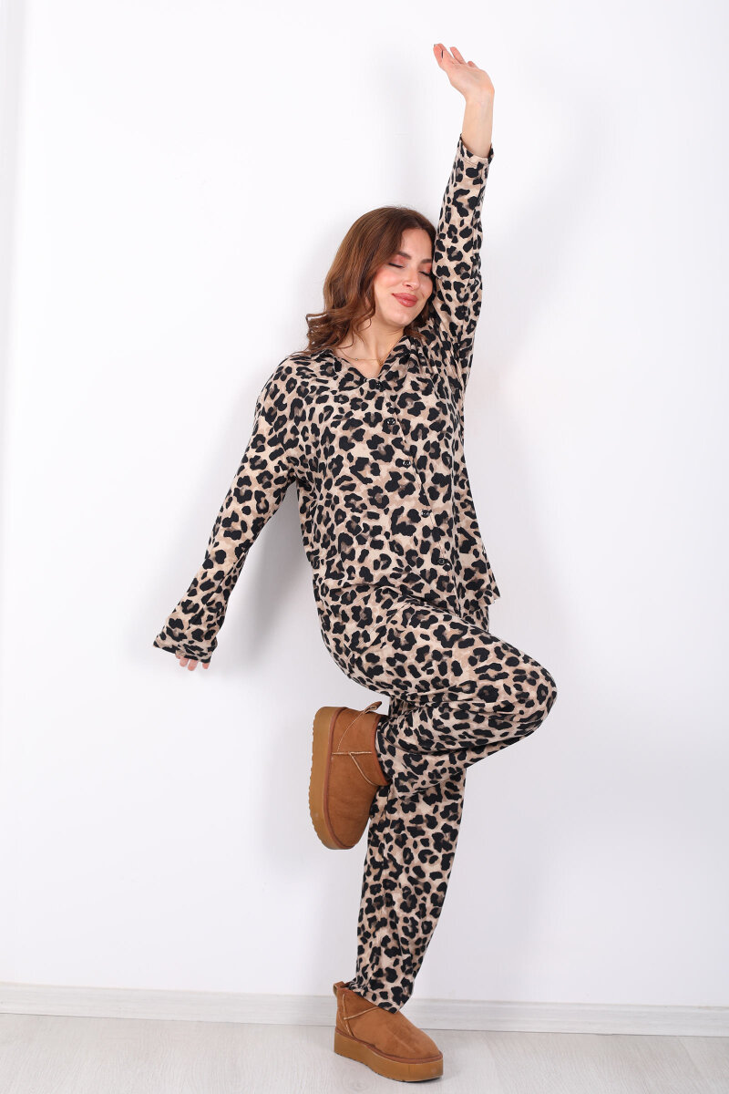 Leopar Desenli Kadın Gömlek Pijama Takım - 1