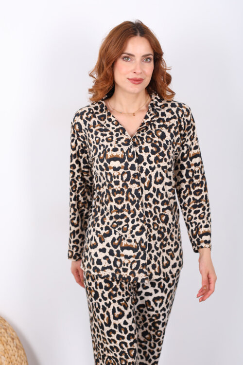 Leopar Desenli Kadın Yumoş Pijama Takım - 4