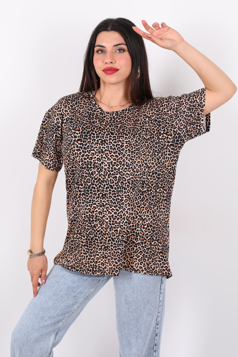 Leopar Desenli Kısa Kol Siyah Kadın T-Shirt - 3
