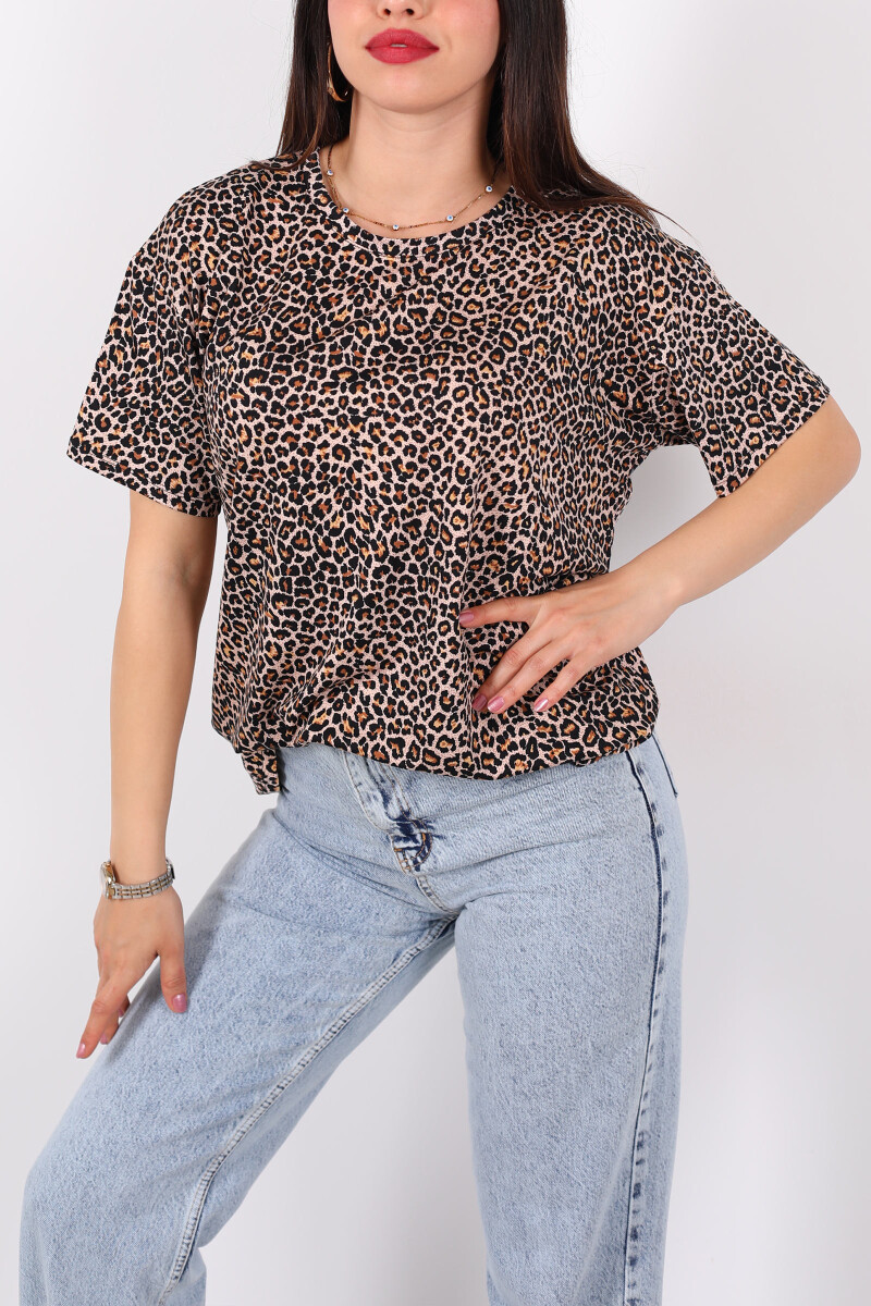 Leopar Desenli Kısa Kol Siyah Kadın T-Shirt - 2