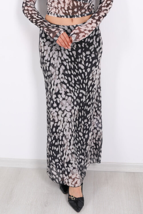 Leopar Desenli Siyah Kadın Maxi Etek - Berox (1)