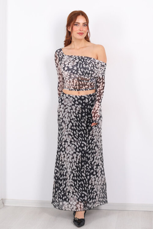 Leopar Desenli Siyah Kadın Maxi Etek - 3