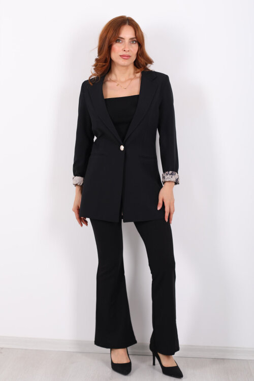 Leopar Desenli Tek Düğmeli Siyah Kadın Blazer Ceket - 7