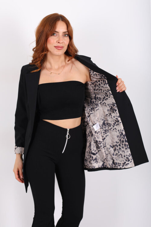 Leopar Desenli Tek Düğmeli Siyah Kadın Blazer Ceket - 3