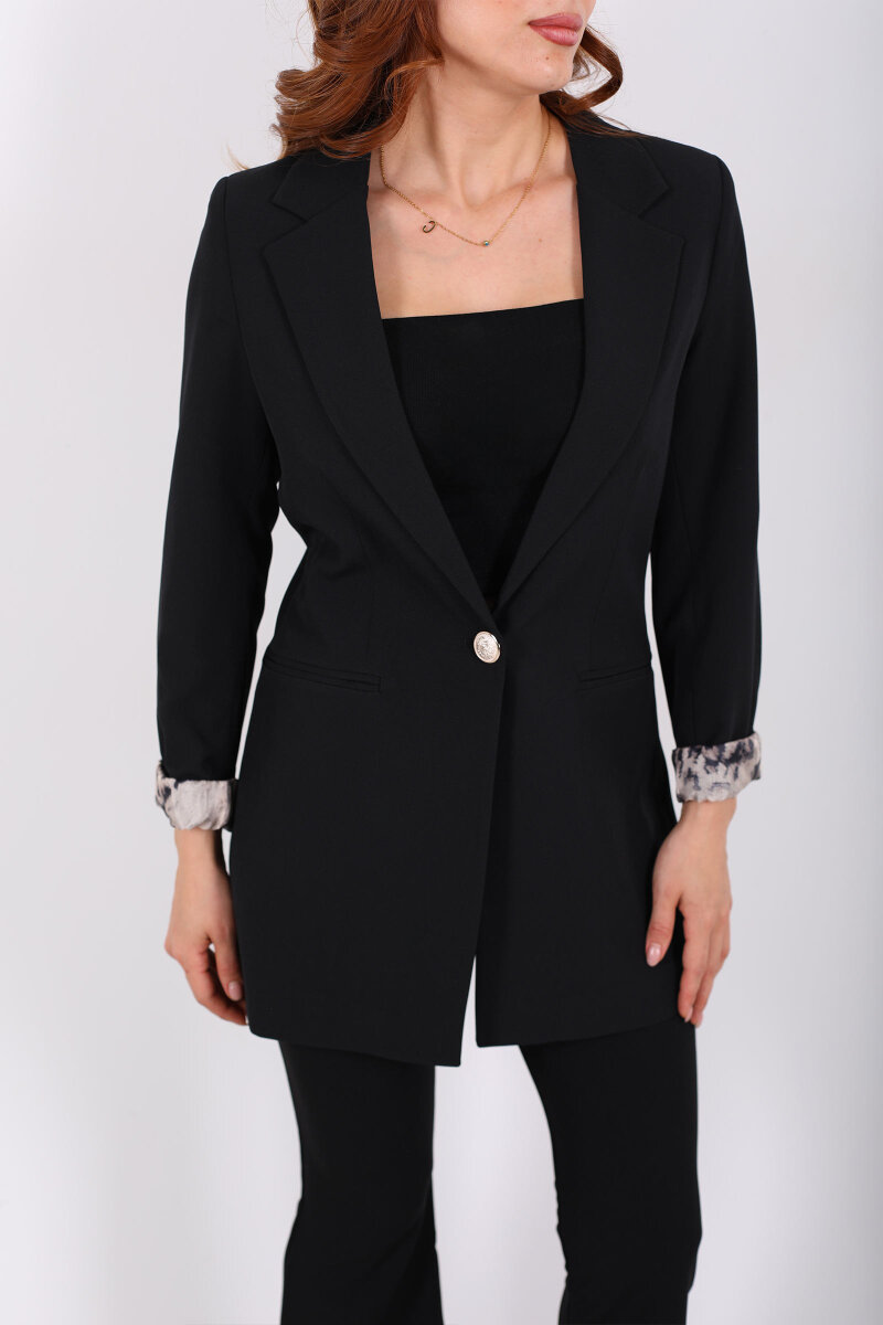 Leopar Desenli Tek Düğmeli Siyah Kadın Blazer Ceket - 2