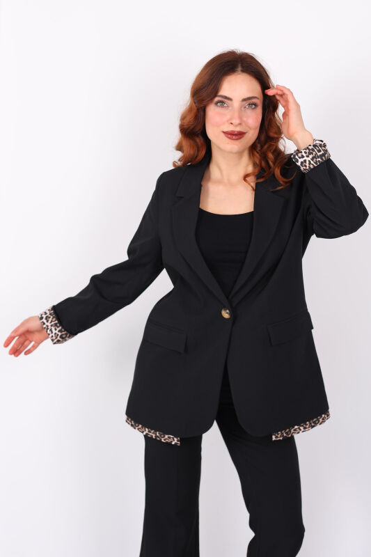 Leopar Garnili Cep Kapaklı Siyah Kadın Blazer Ceket - 6