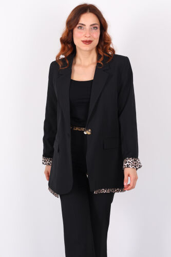 Leopar Garnili Cep Kapaklı Siyah Kadın Blazer Ceket - 5
