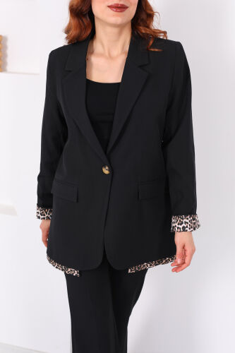 Leopar Garnili Cep Kapaklı Siyah Kadın Blazer Ceket - 2