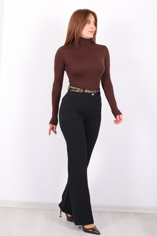 Leopar Kemerli İspanyol Paça Siyah Kadın Kumaş Pantolon - Berox